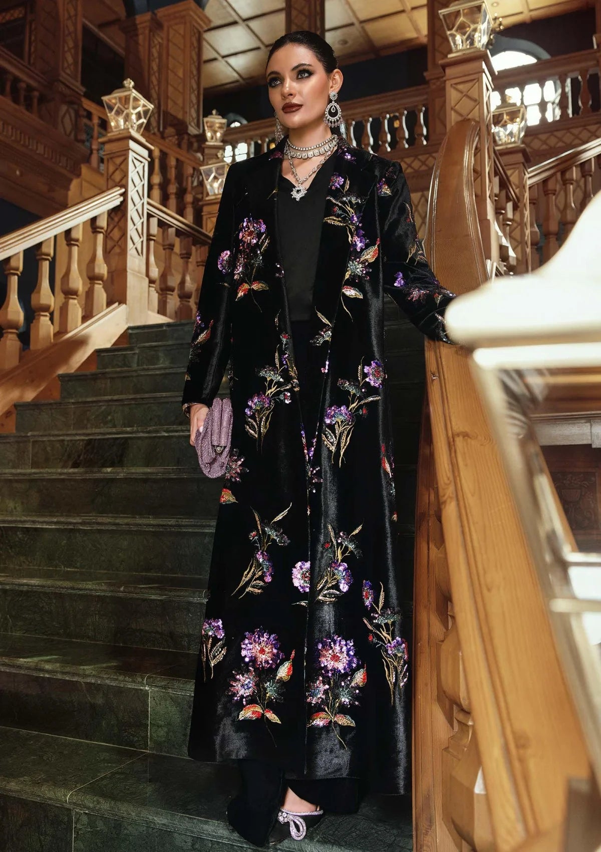 Midnight Black & Lavender: Folral Embroidered Silk Suit