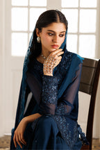 Deep Navy Aura: Embroidered Chiffon Suit | Ready To Wear