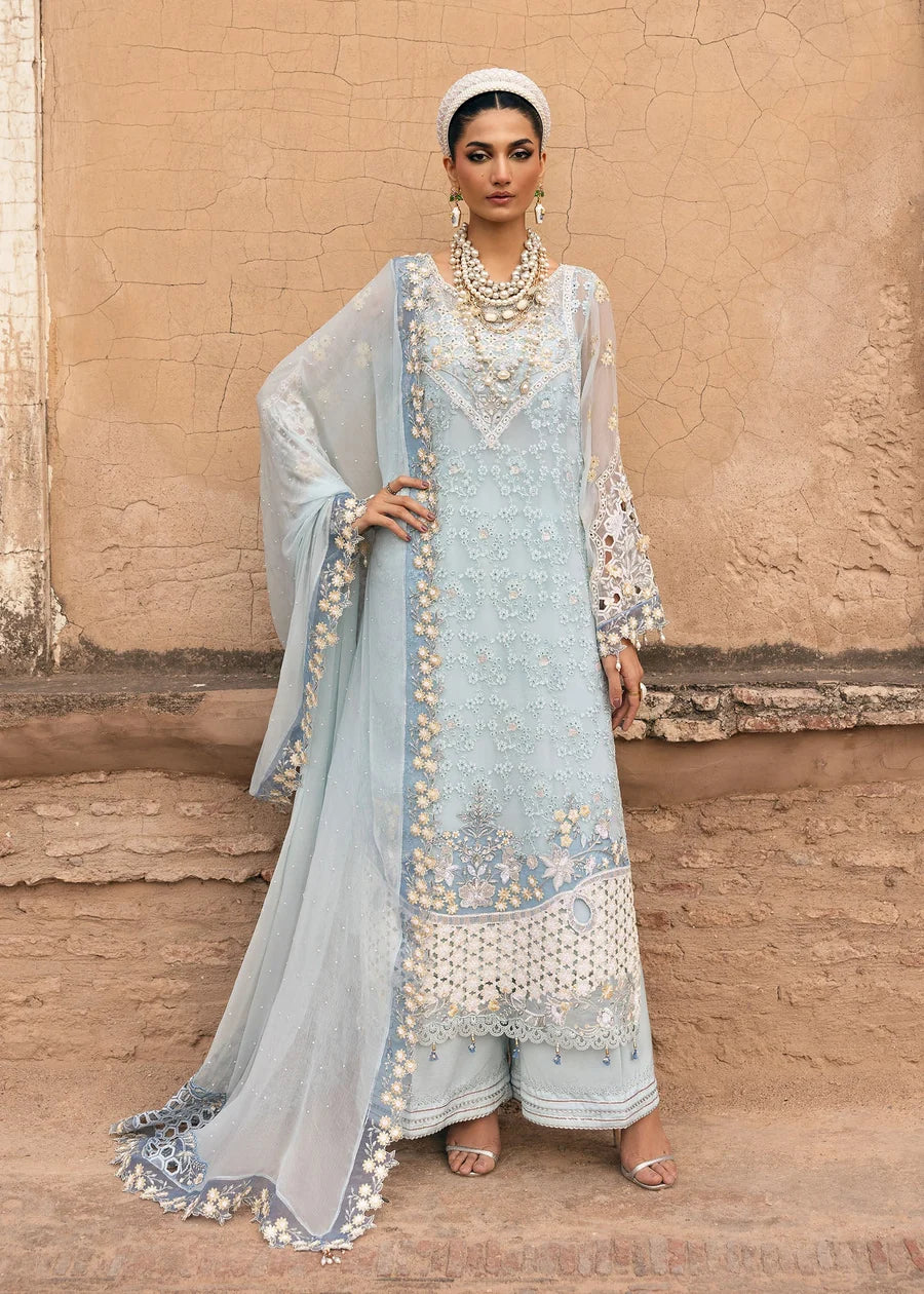 Powder Blue & Ivory Accent: Embroidered Chiffon Suit | Ready To Wear