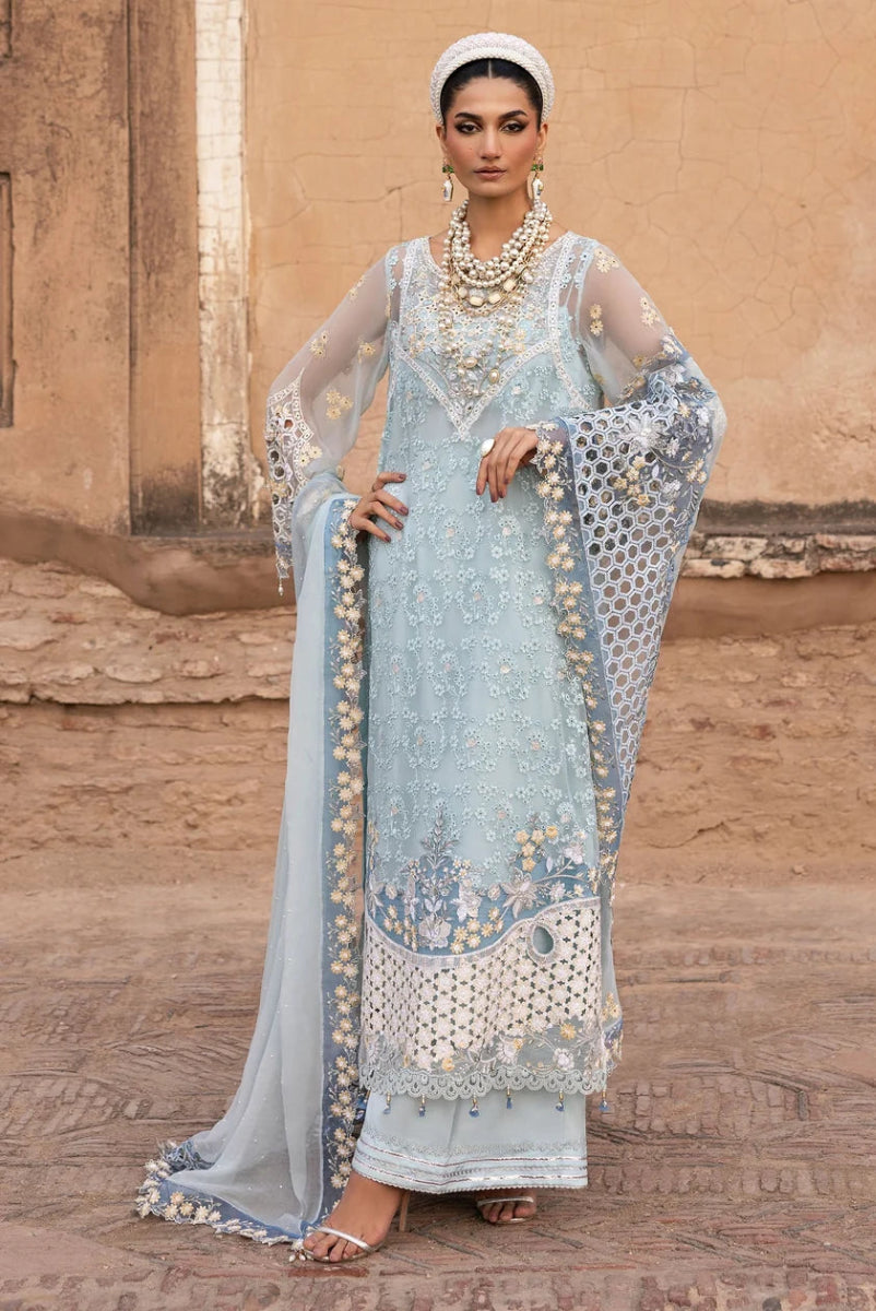 Powder Blue & Ivory Accent: Embroidered Chiffon Suit | Ready To Wear