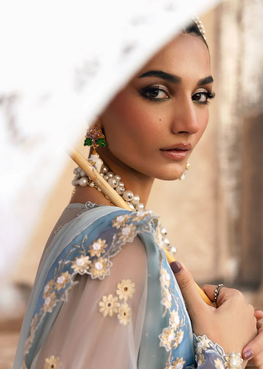 Powder Blue & Ivory Accent: Embroidered Chiffon Suit | Ready To Wear