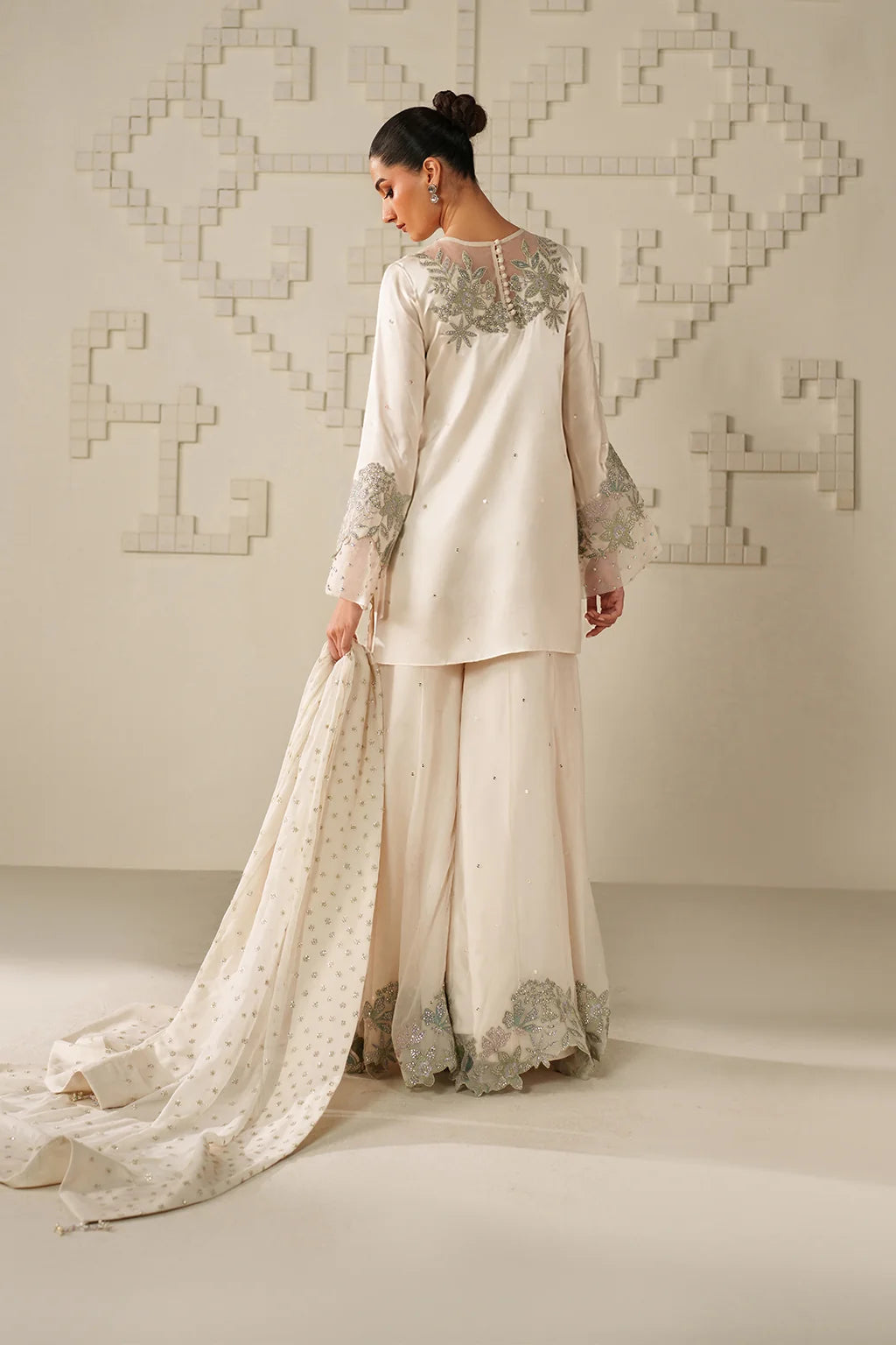 Moonlight Ivory: Embroidered Chiffon Suit | Ready To Wear