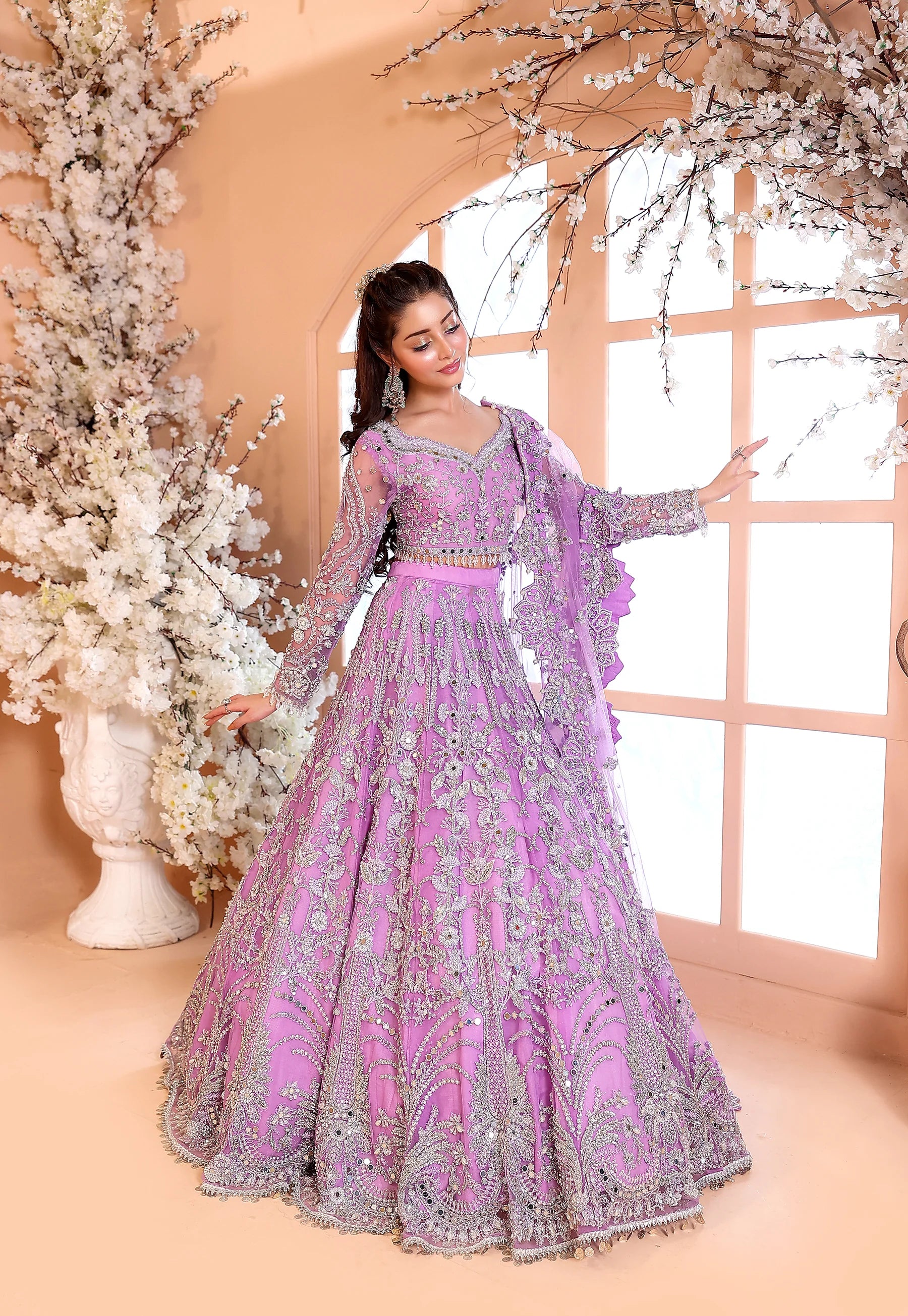 Pastel Lilac & Sparkling Silver: Embroidered Net Bridal Lenge Choli | Ready To Wear