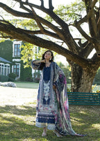 White & Navy Floral Printed Lawn Suit With Embroidery | Ready To Wear