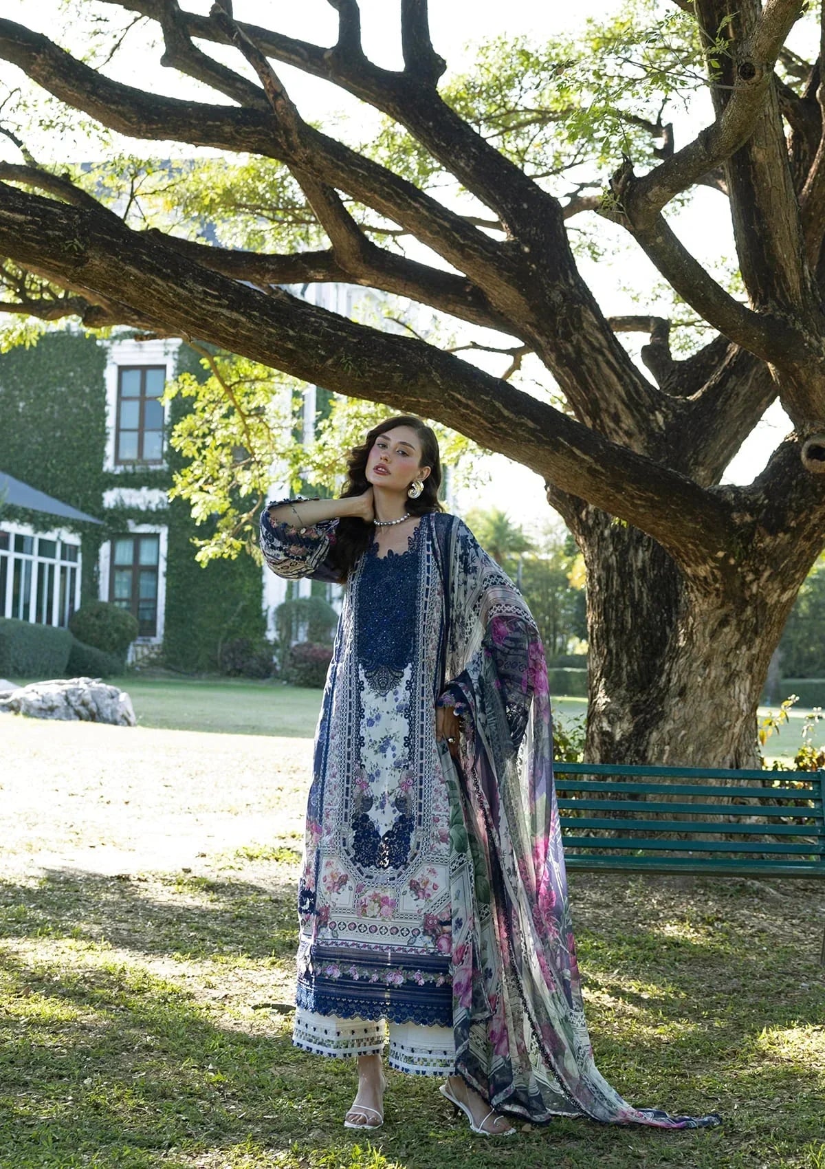 White & Navy Floral Printed Lawn Suit With Embroidery | Ready To Wear