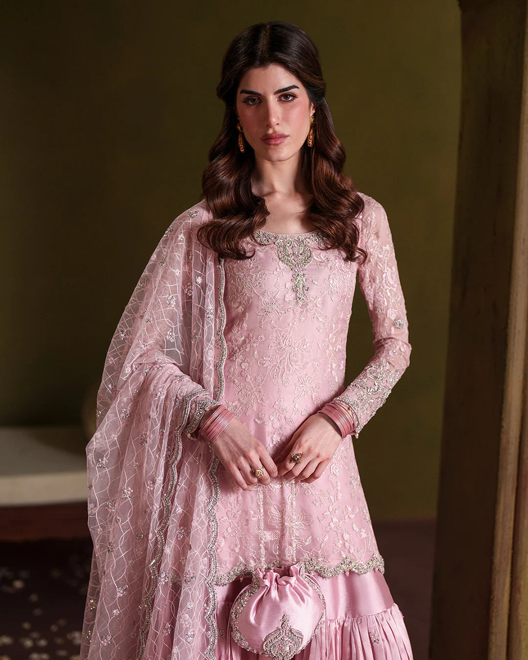 Dusty Rose: Embroidered Chiffon Suit With Silk Gharara | Ready To Wear