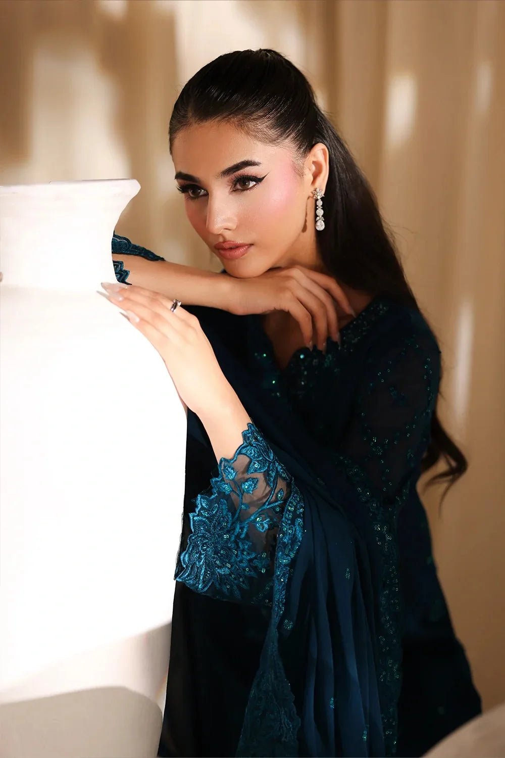 Deep Peacock Teal: Heavy Embroidered Chiffon Suit | Ready To Wear