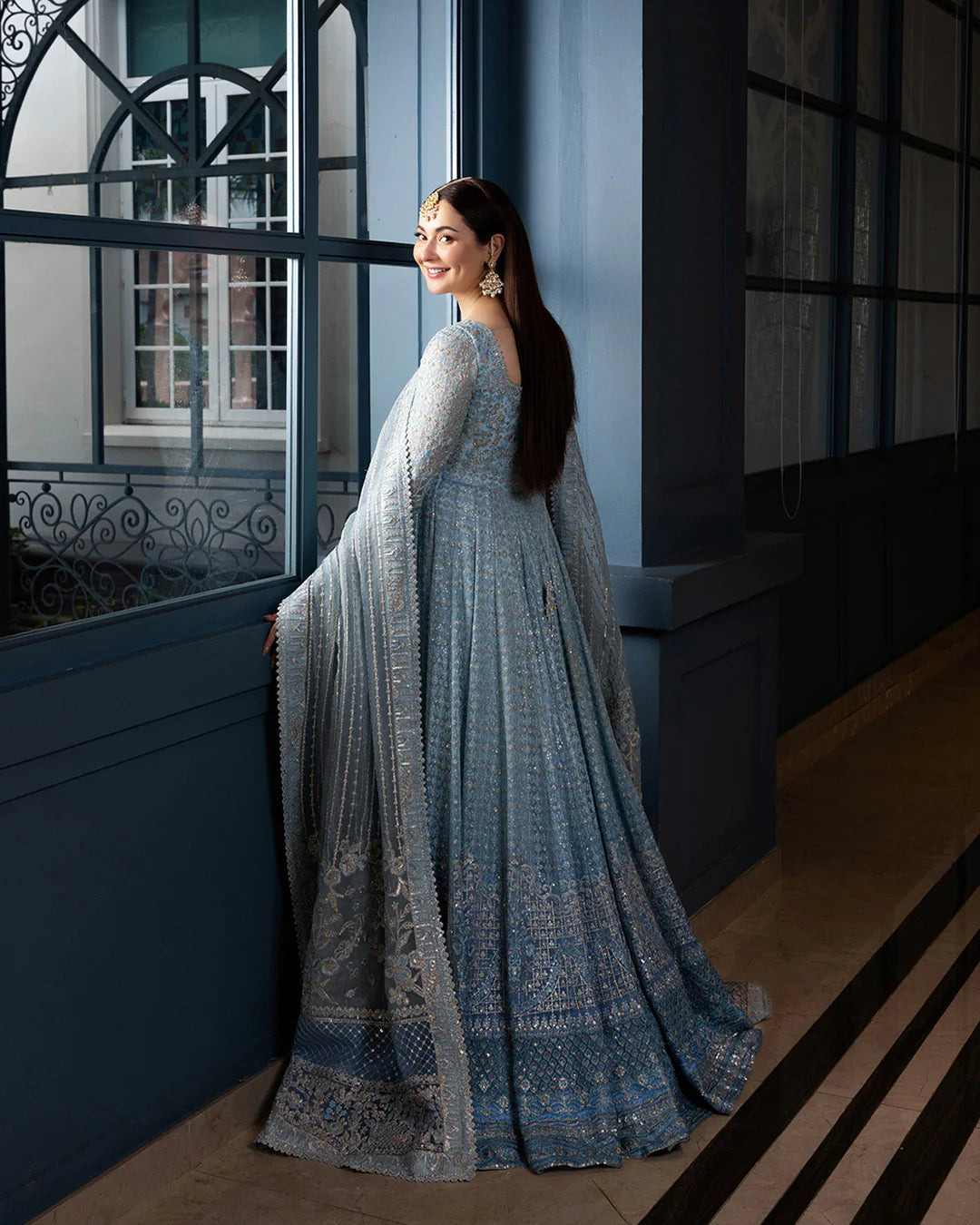 Ombré Ice Blue - Two Tone Embroidered Net Maxi | Ready To Wear