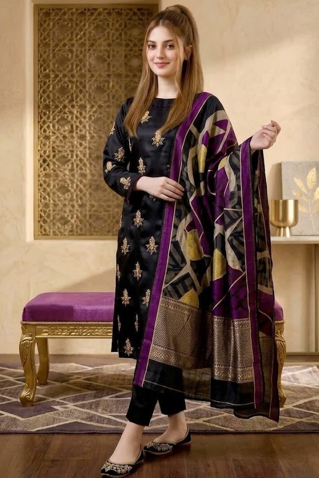 03-Piece Shamoze Silk Suit With Pearls & Beads Handwork | Ready To Wear