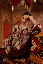 Deep Maroon & Gold Accent: Charmoush Embroidered Silk Kaftan | Ready To Wear
