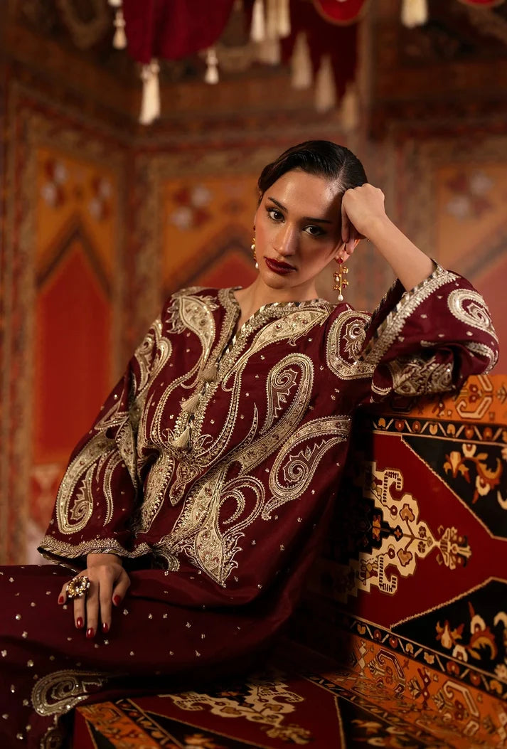 Deep Maroon & Gold Accent: Charmoush Embroidered Silk Kaftan | Ready To Wear