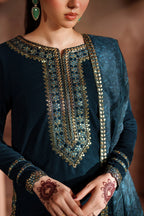 Peacock Teal & Antique Gold: Embroidered Velvet Suit | Ready To Wear