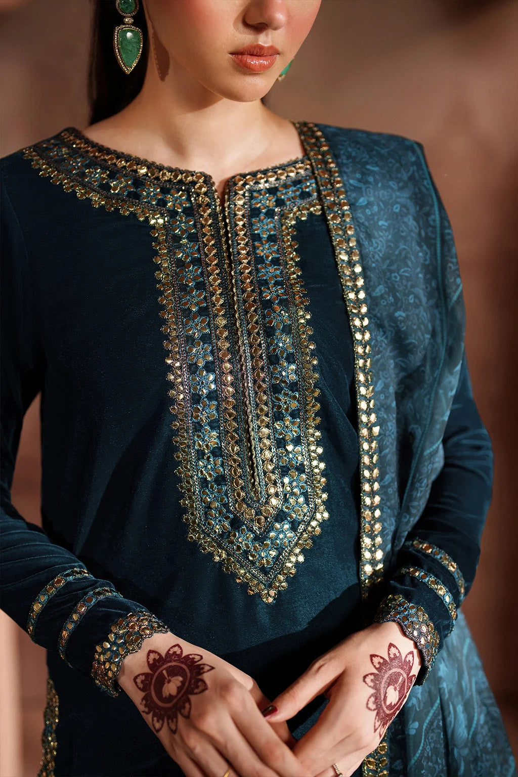 Peacock Teal & Antique Gold: Embroidered Velvet Suit | Ready To Wear