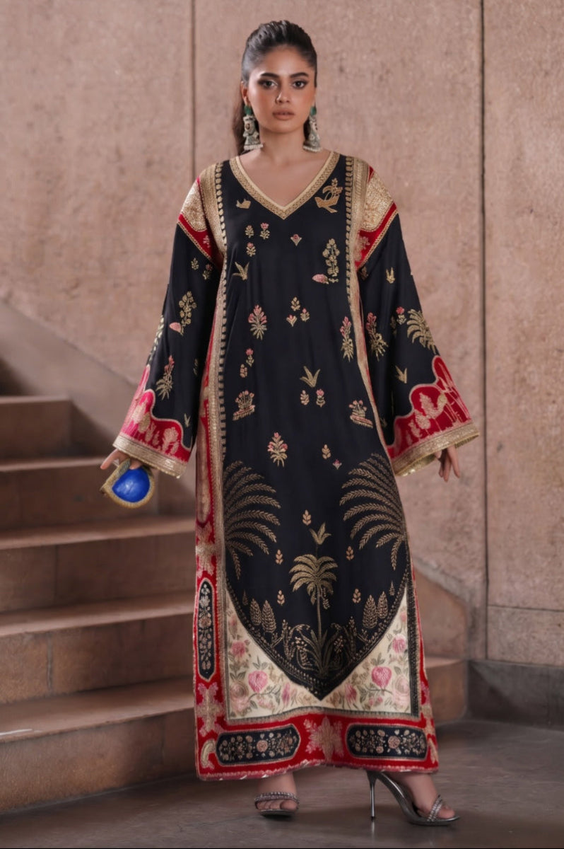 Ivory Oasis: 03-Piece Botanical Embroidered Silk Kaftan | Ready To Wear