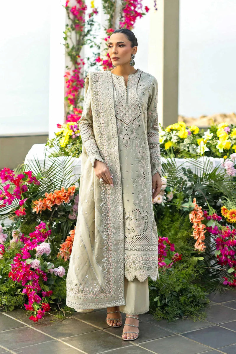 Light Sage: 03-Piece Cotton Suit With Organza Dupatta | Ready To Wear