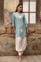 03-Piece Raw Silk Short Kurti Suit With Heavy Embroidery | Ready To Wear