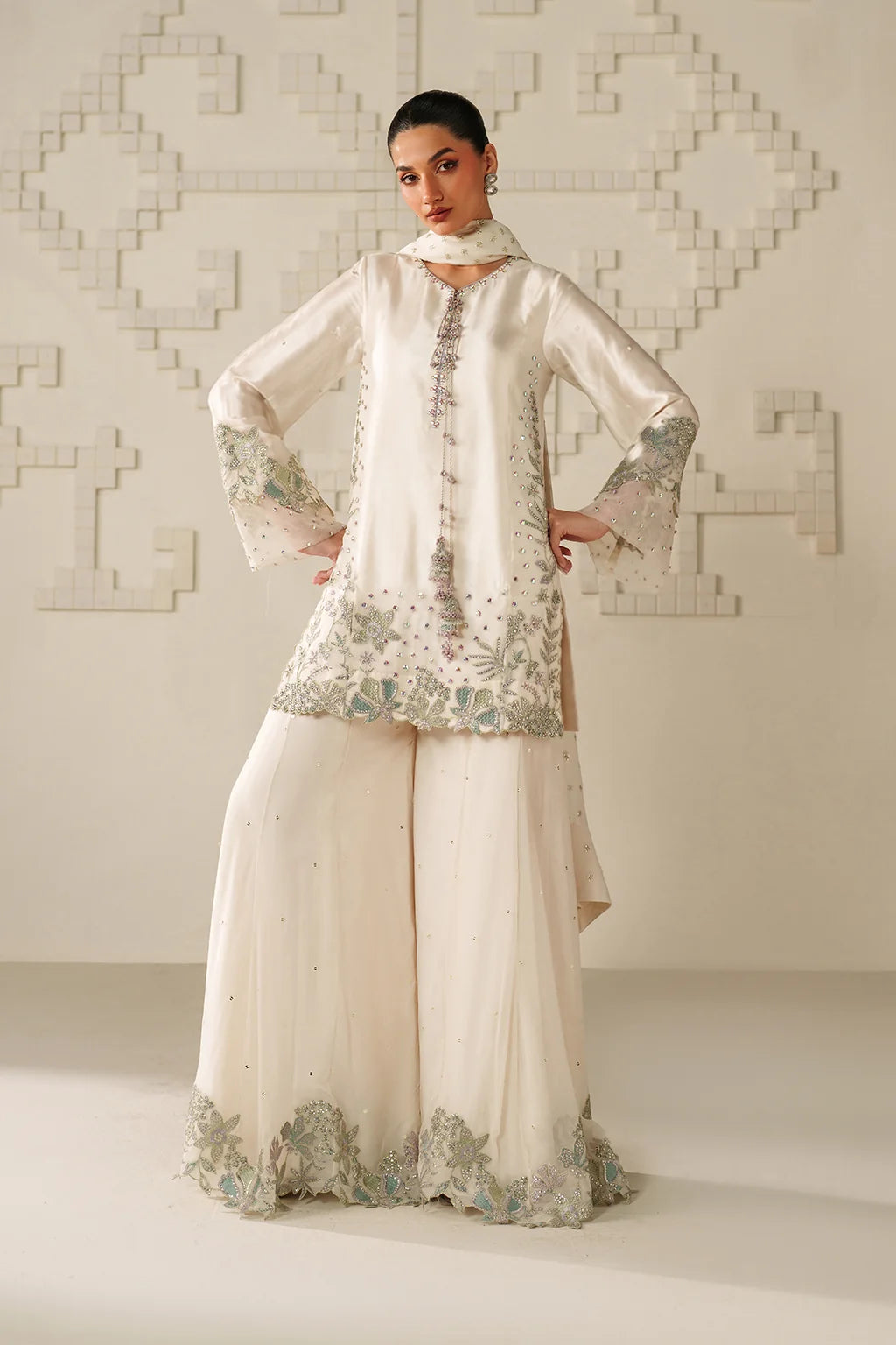 Moonlight Ivory: Embroidered Chiffon Suit | Ready To Wear