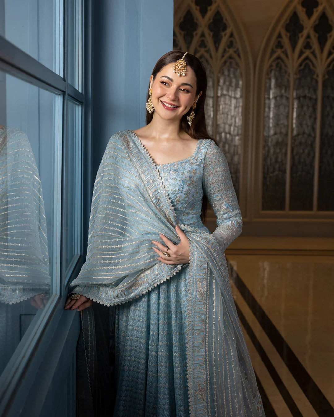Ombré Ice Blue - Two Tone Embroidered Net Maxi | Ready To Wear