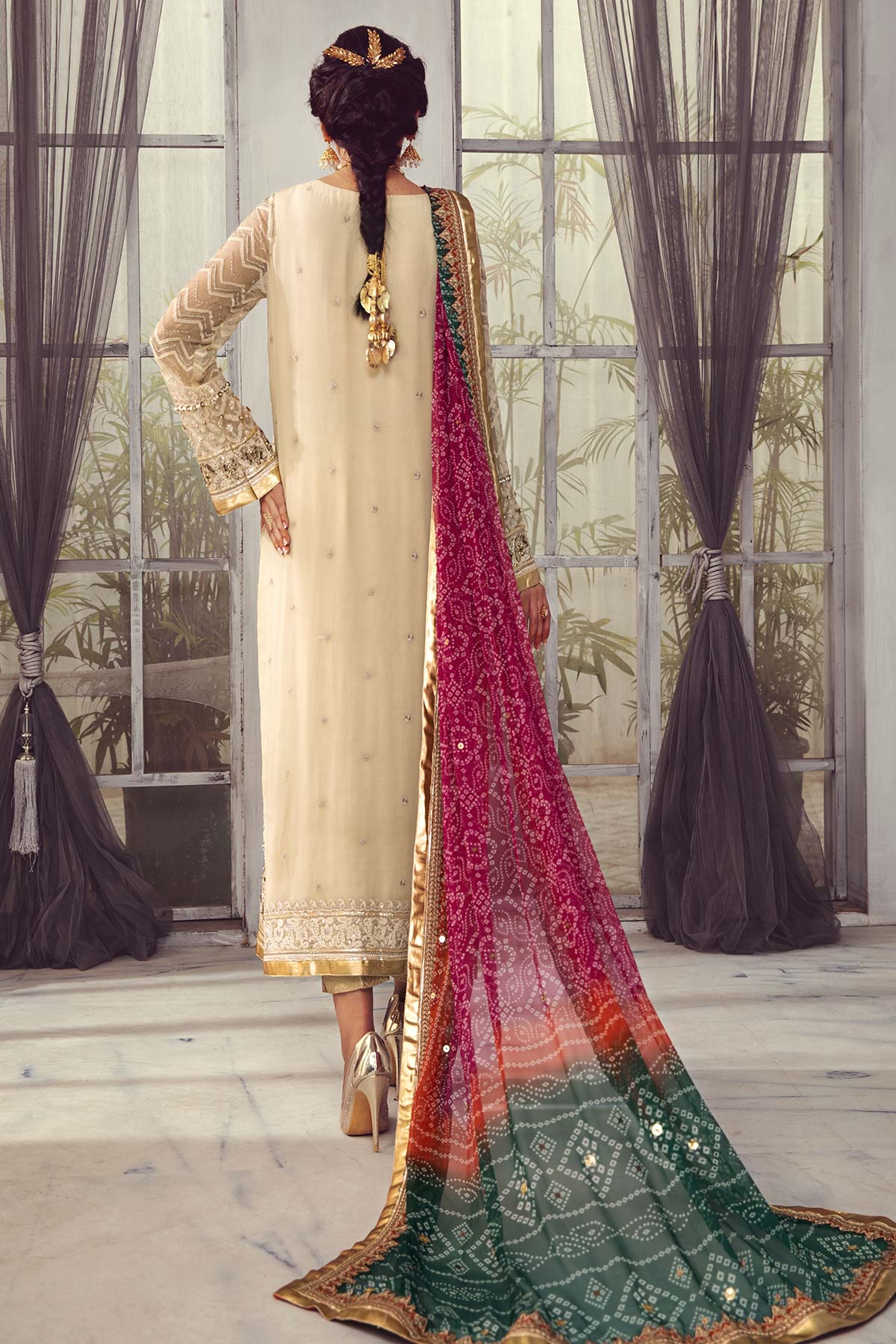 Golden Heritage: Embroidered Chiffon Suit with Chunri Dupatta | Ready To Wear