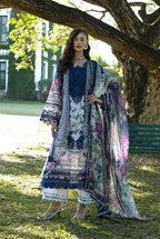 White & Navy Floral Printed Lawn Suit With Embroidery | Ready To Wear