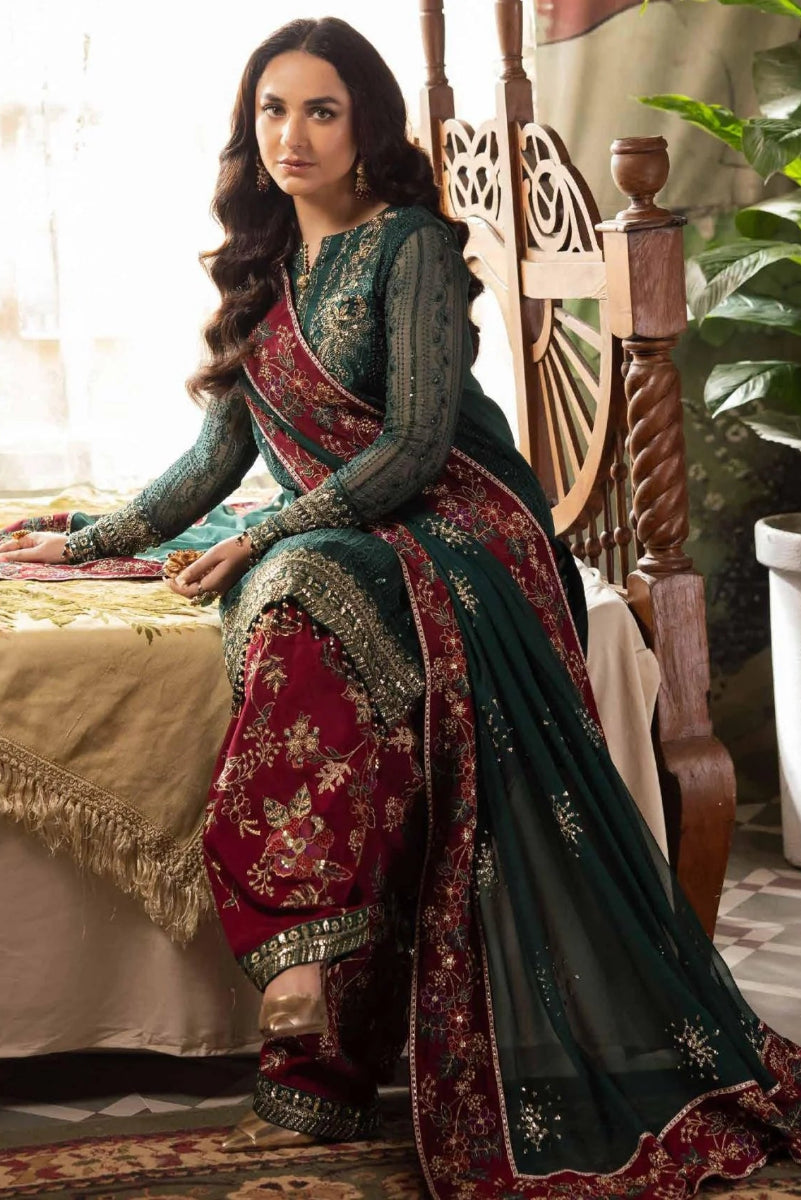 Luxury Embroidered 3-Piece Suit – Deep Green & Maroon
