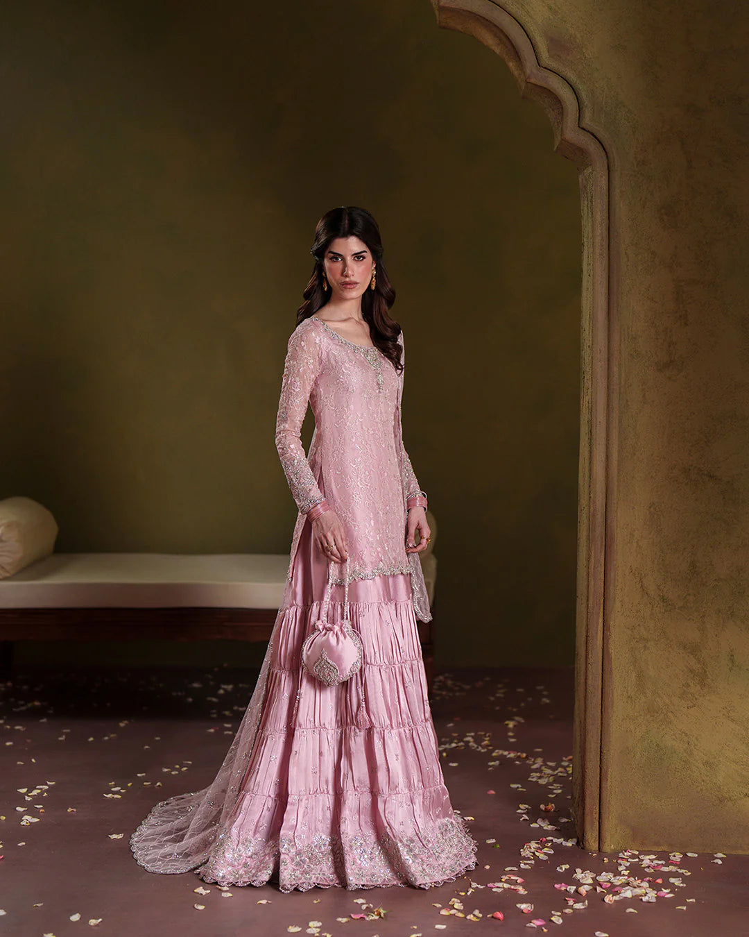 Dusty Rose: Embroidered Chiffon Suit With Silk Gharara | Ready To Wear