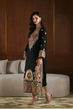 Black Kashmiri Royale: Charmoush Embroidered Silk Kaftan | Ready To Wear