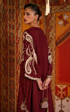 Deep Maroon & Gold Accent: Charmoush Embroidered Silk Kaftan | Ready To Wear