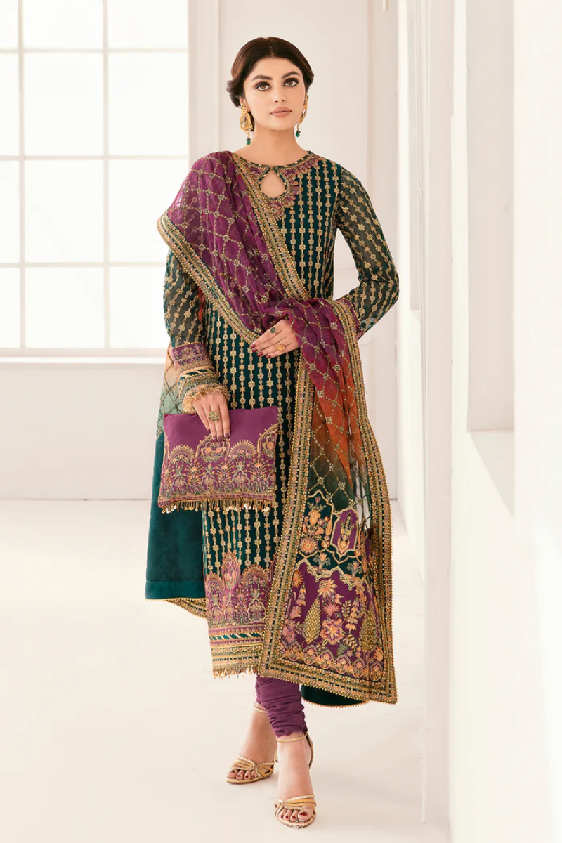 The Emerald Monarch: Chiffon Gold Embroidered Suit | Ready To Wear