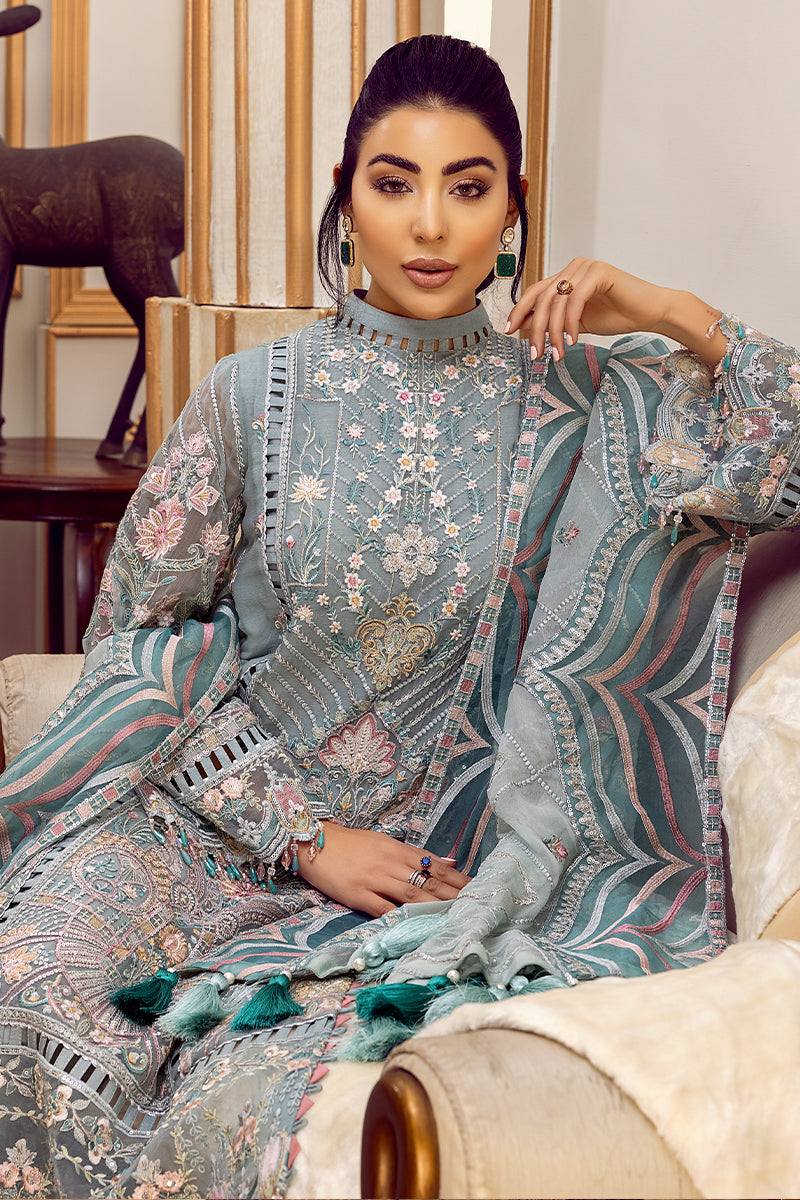 Muted Sage Teal & Ivory Accent: Embroidered Chiffon Suit | Ready To Wear