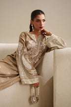 Dune Beige & White Accent: Embroidered Raw Silk Kaftan With Chiffon Dupatta | Ready To Wear