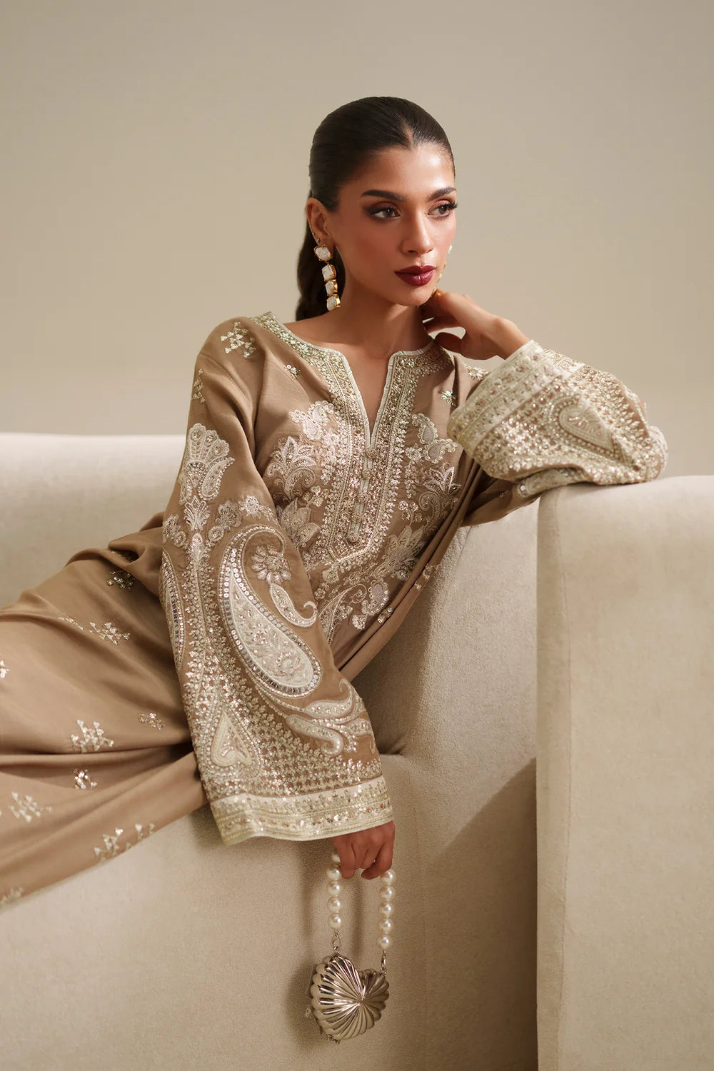 Dune Beige & White Accent: Embroidered Raw Silk Kaftan With Chiffon Dupatta | Ready To Wear