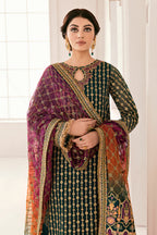 The Emerald Monarch: Chiffon Gold Embroidered Suit | Ready To Wear