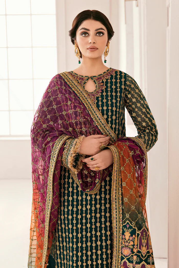 The Emerald Monarch: Chiffon Gold Embroidered Suit | Ready To Wear