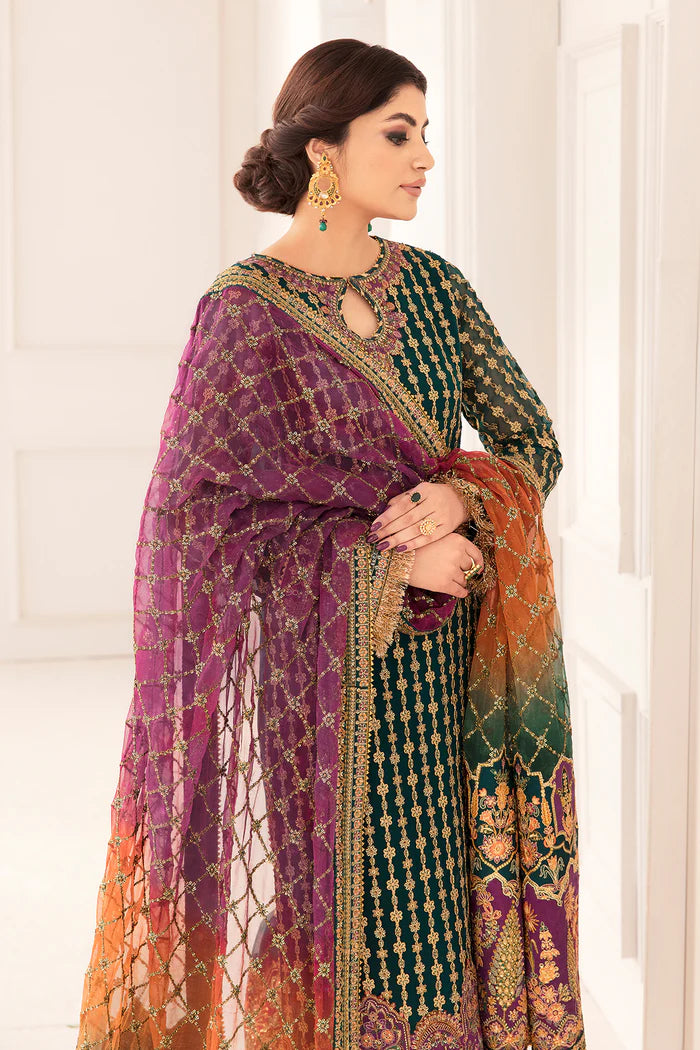 The Emerald Monarch: Chiffon Gold Embroidered Suit | Ready To Wear