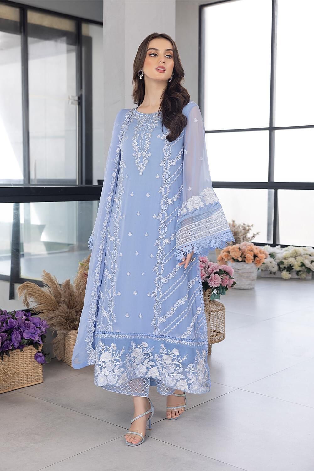 Sky Blue Thread Work Luxury Embroidery Dress 3 Piece