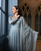 Ombré Ice Blue - Two Tone Embroidered Net Maxi | Ready To Wear