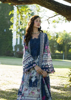 White & Navy Floral Printed Lawn Suit With Embroidery | Ready To Wear