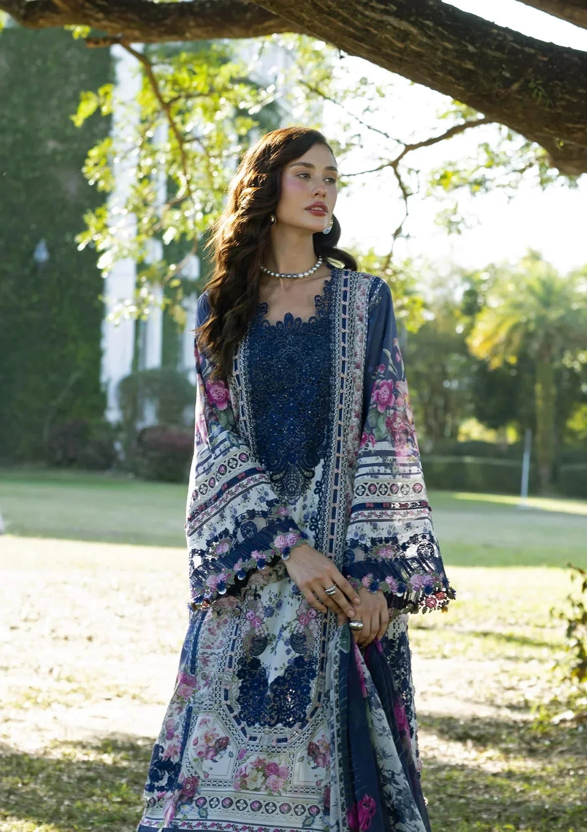 White & Navy Floral Printed Lawn Suit With Embroidery | Ready To Wear