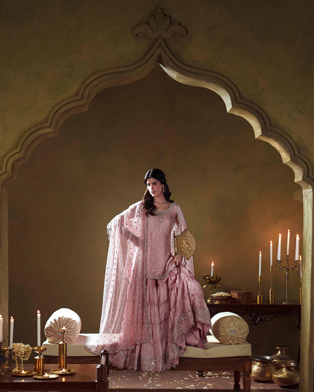 Dusty Rose: Embroidered Chiffon Suit With Silk Gharara | Ready To Wear