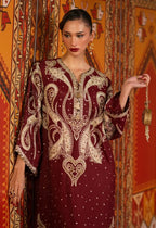 Deep Maroon & Gold Accent: Charmoush Embroidered Silk Kaftan | Ready To Wear