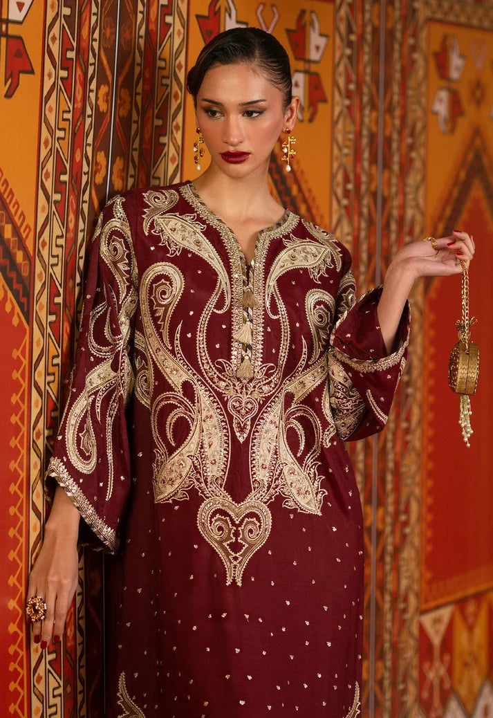 Deep Maroon & Gold Accent: Charmoush Embroidered Silk Kaftan | Ready To Wear