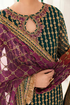 The Emerald Monarch: Chiffon Gold Embroidered Suit | Ready To Wear