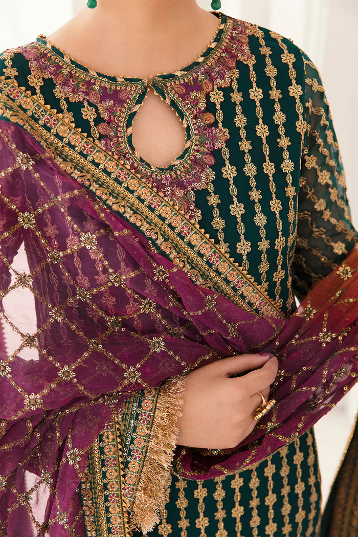 The Emerald Monarch: Chiffon Gold Embroidered Suit | Ready To Wear