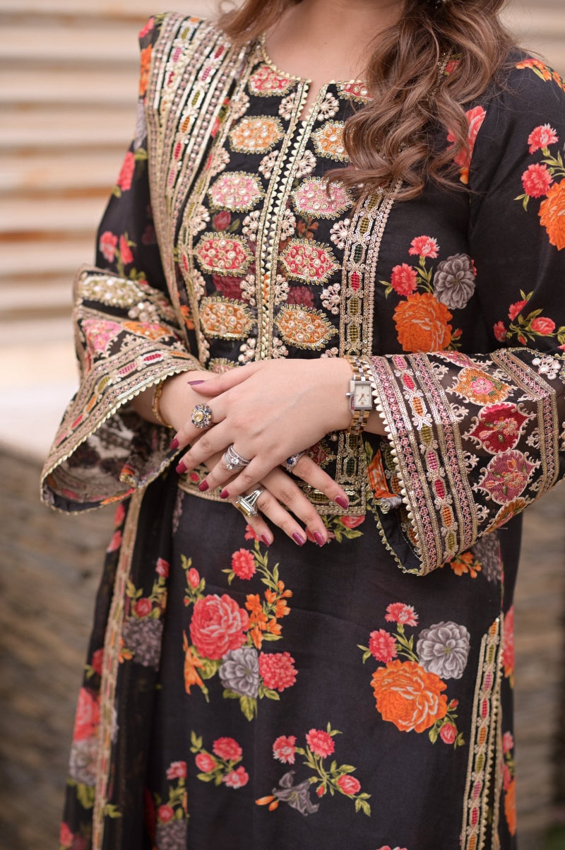 Stitched 3-Piece Digital Printed Shamoz Silk Embroidered Suit