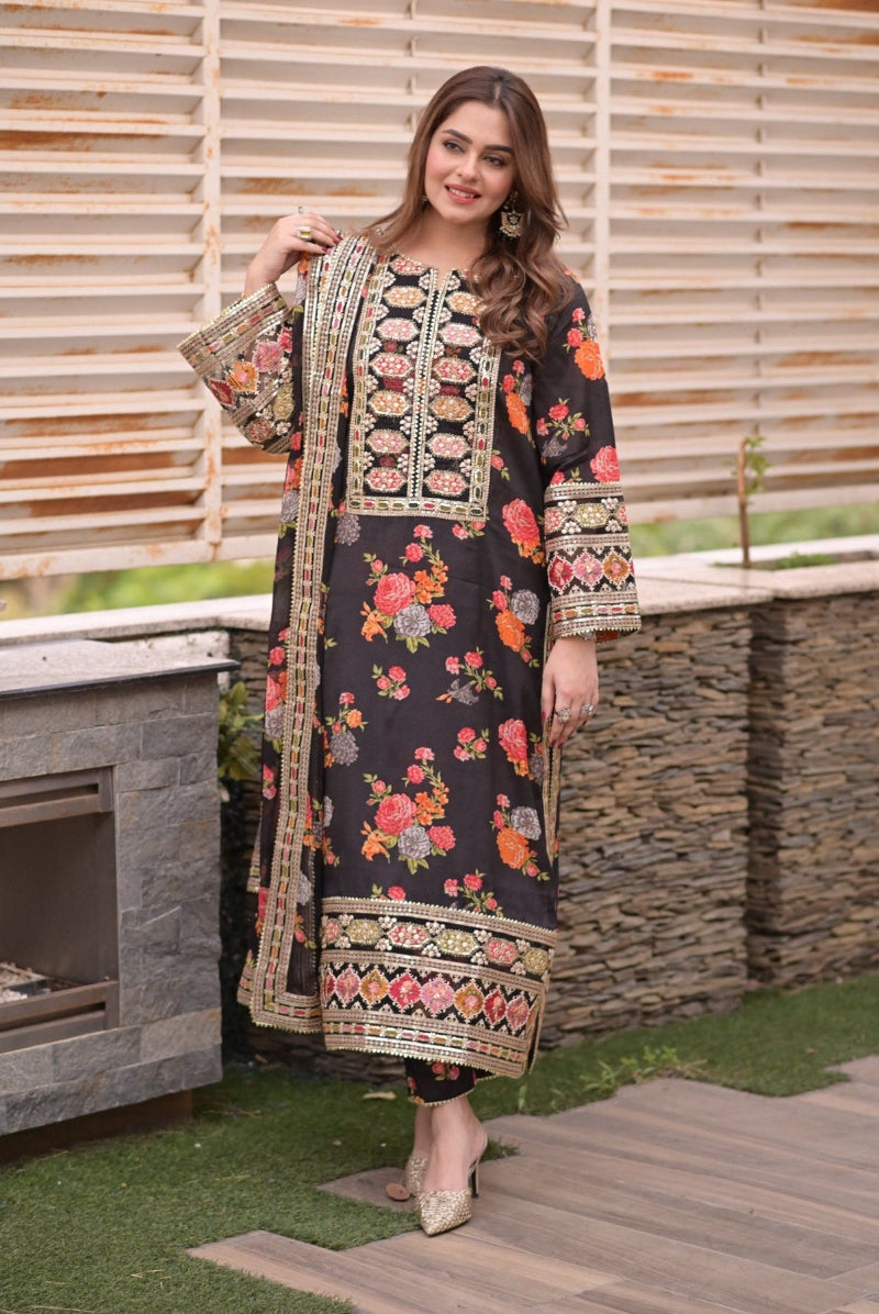 Stitched 3-Piece Digital Printed Shamoz Silk Embroidered Suit