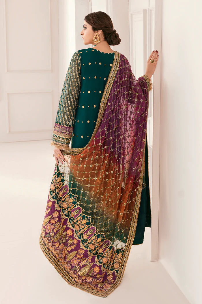 The Emerald Monarch: Chiffon Gold Embroidered Suit | Ready To Wear