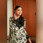 03-Piece  Skin & Black Embroidered Dress