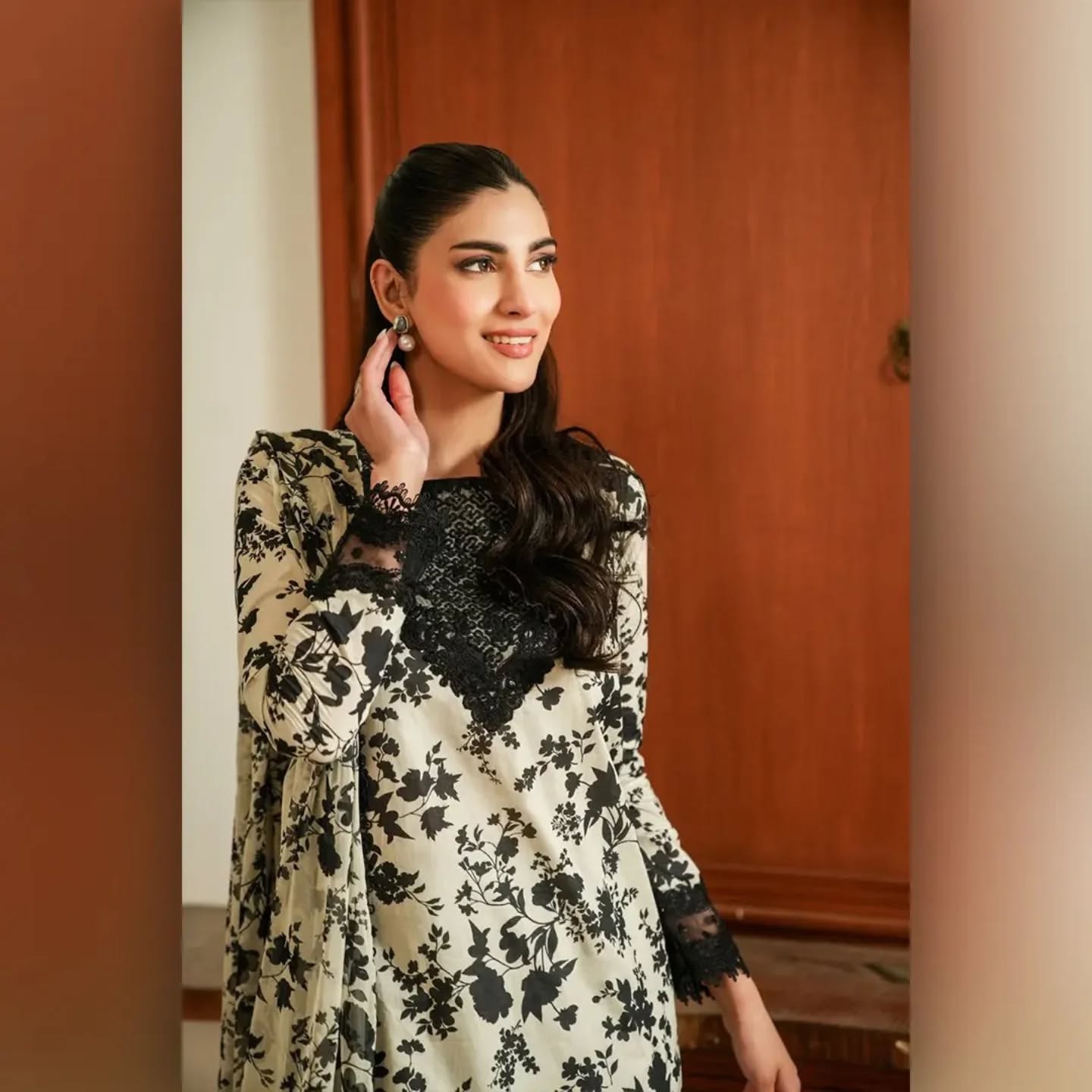 03-Piece  Skin & Black Embroidered Dress