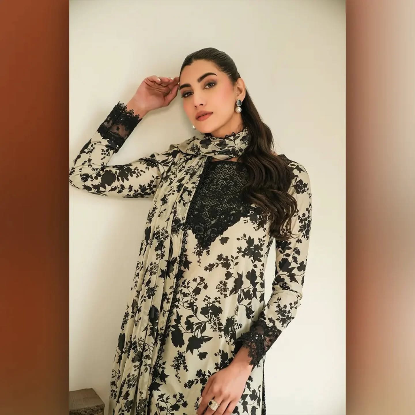 03-Piece  Skin & Black Embroidered Dress